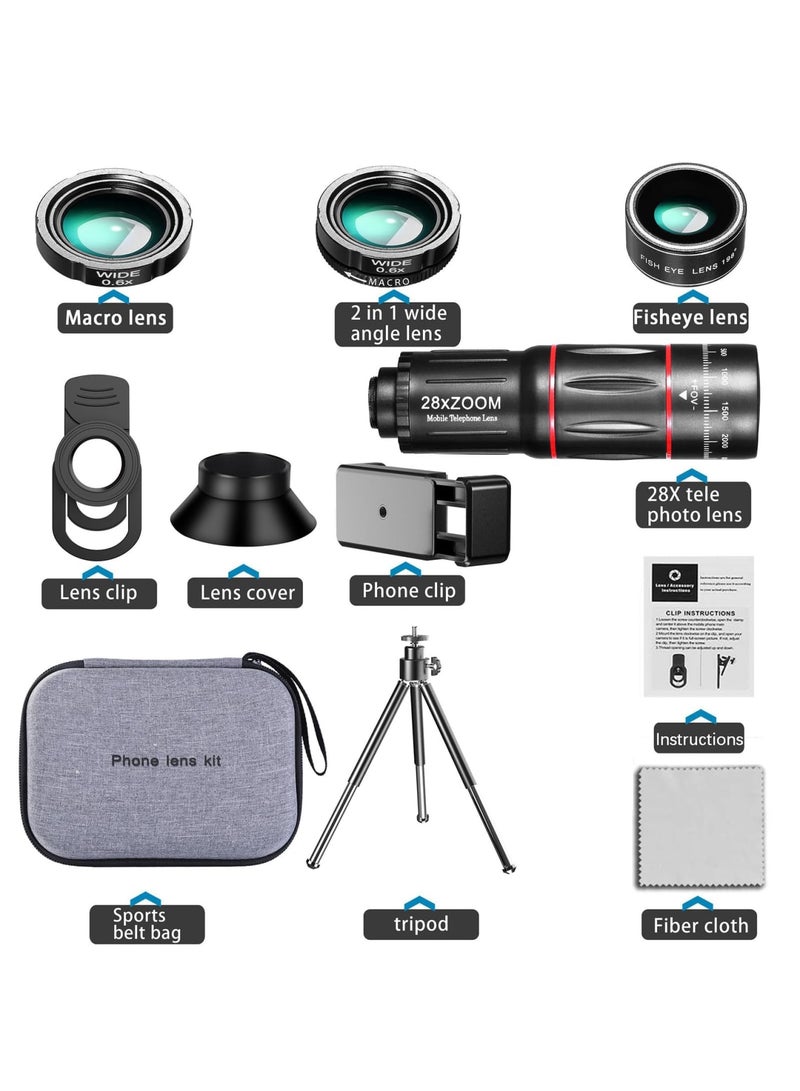 SYOSI Upgraded Phone Camera Lens Kit, 28X Telephoto, 0.6X Wide Angle, 20X Macro, 198° Fisheye, Compatible with Most Smartphones - Image 2